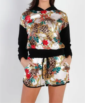 Black & Ivory Satin Effect Animal Print Hooded Top & Short Set