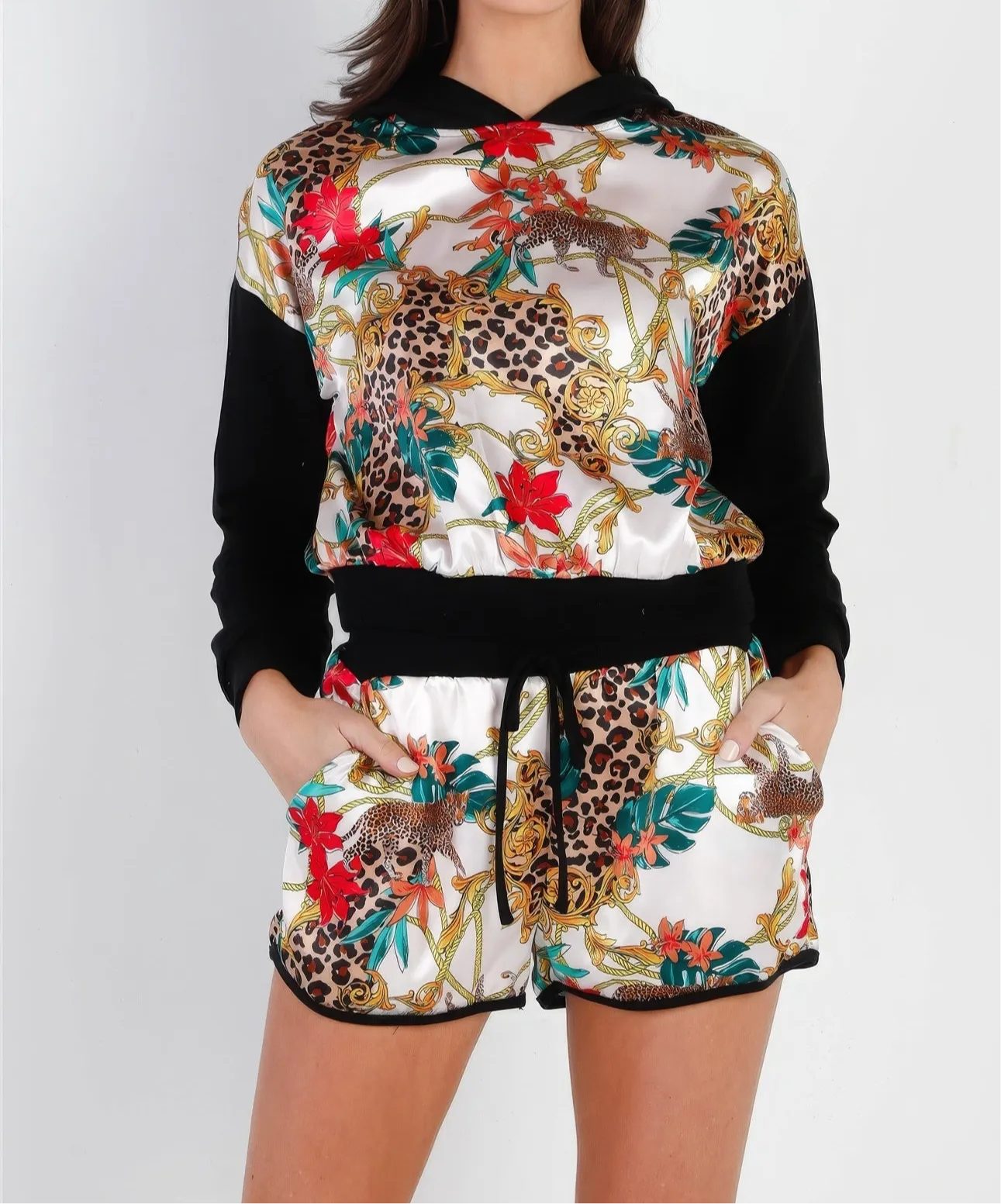 Black & Ivory Satin Effect Animal Print Hooded Top & Short Set