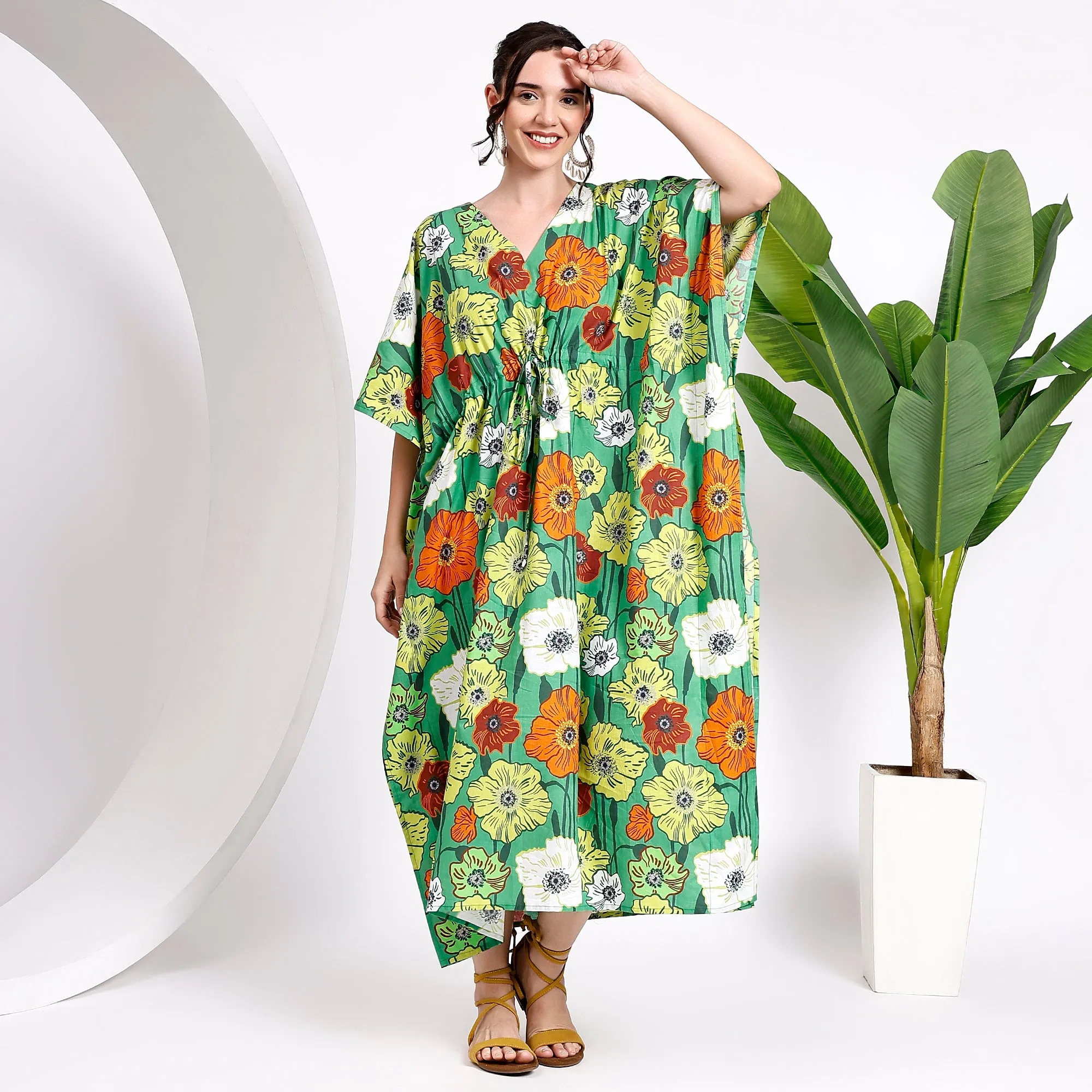 Flowy Floral Green Kaftan – Effortless Style for Women