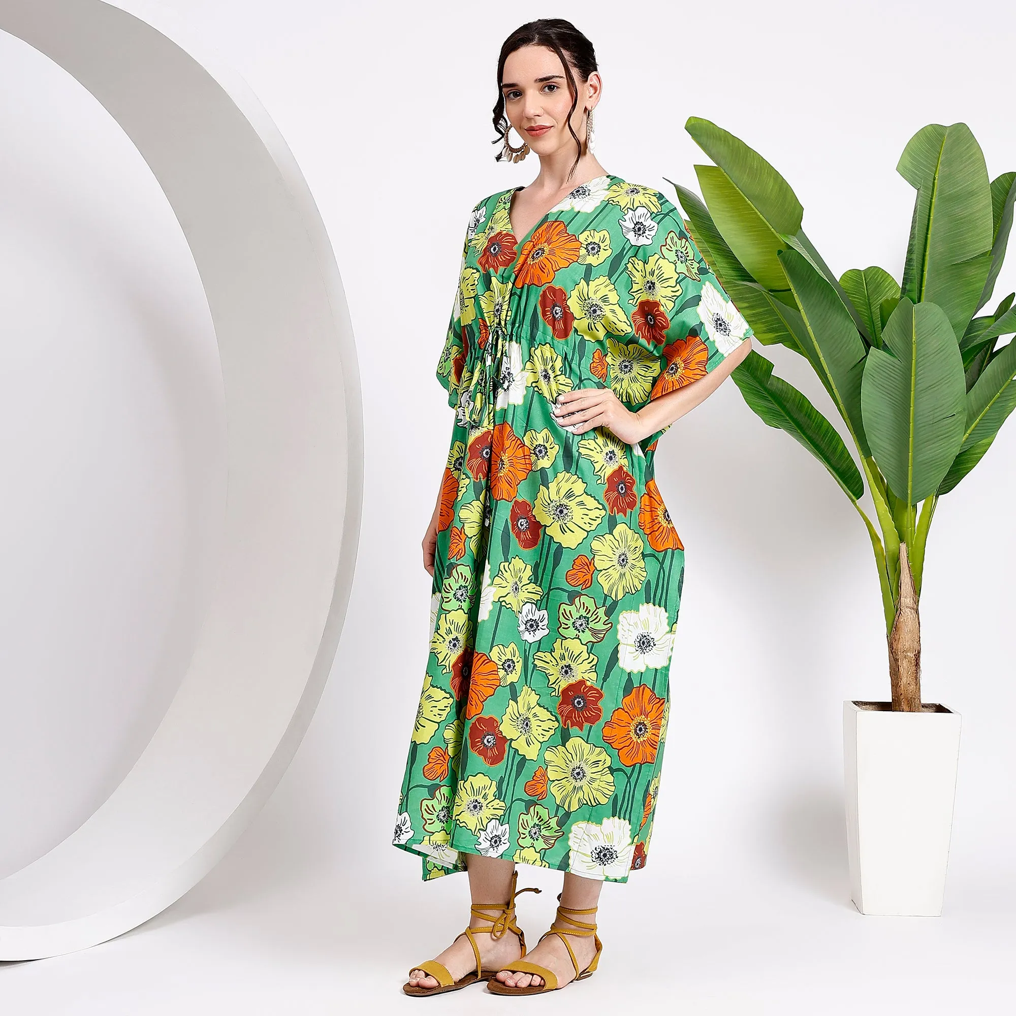 Flowy Floral Green Kaftan – Effortless Style for Women