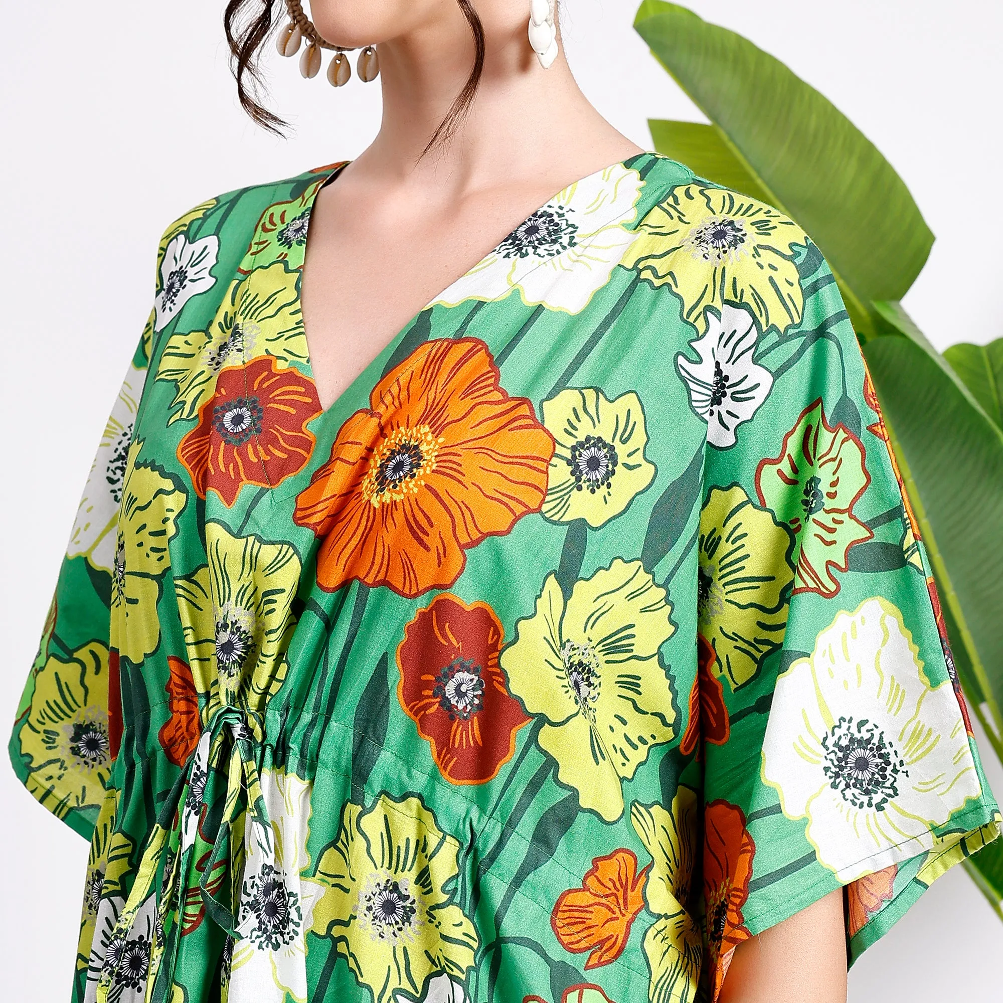 Flowy Floral Green Kaftan – Effortless Style for Women