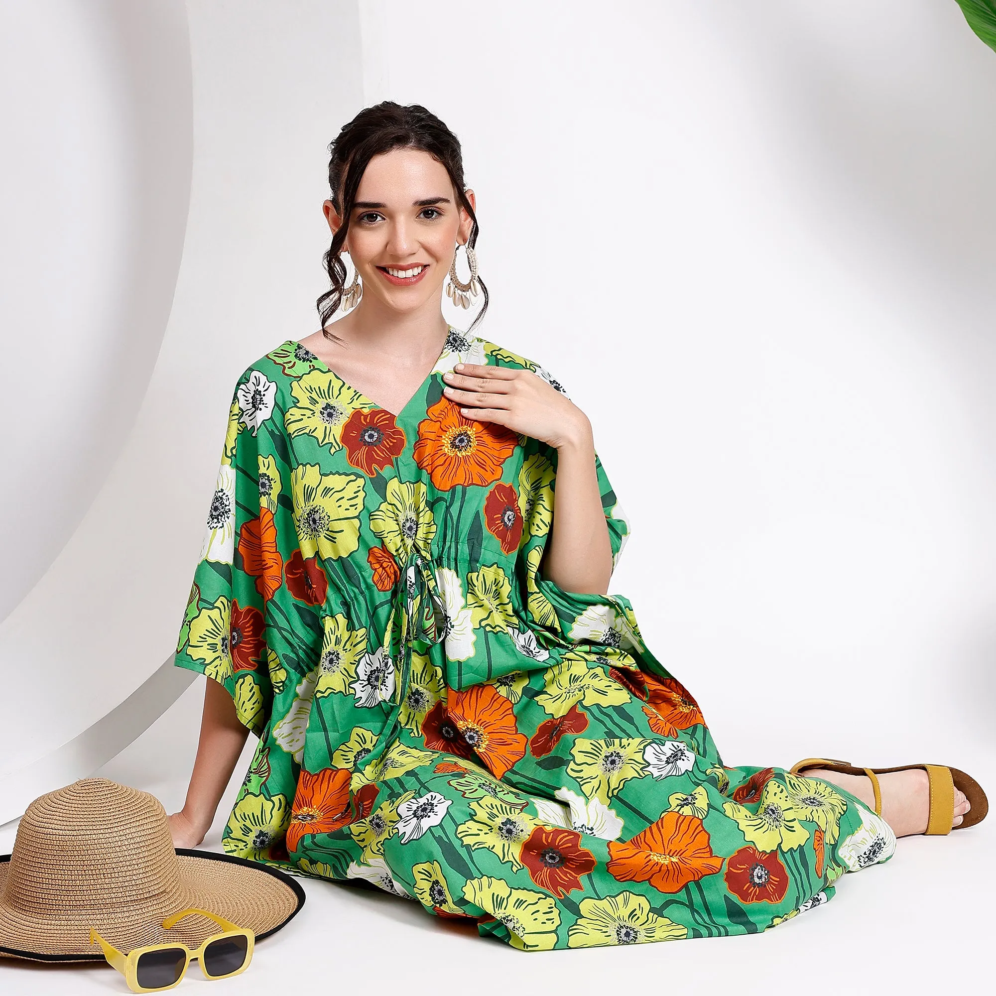 Flowy Floral Green Kaftan – Effortless Style for Women