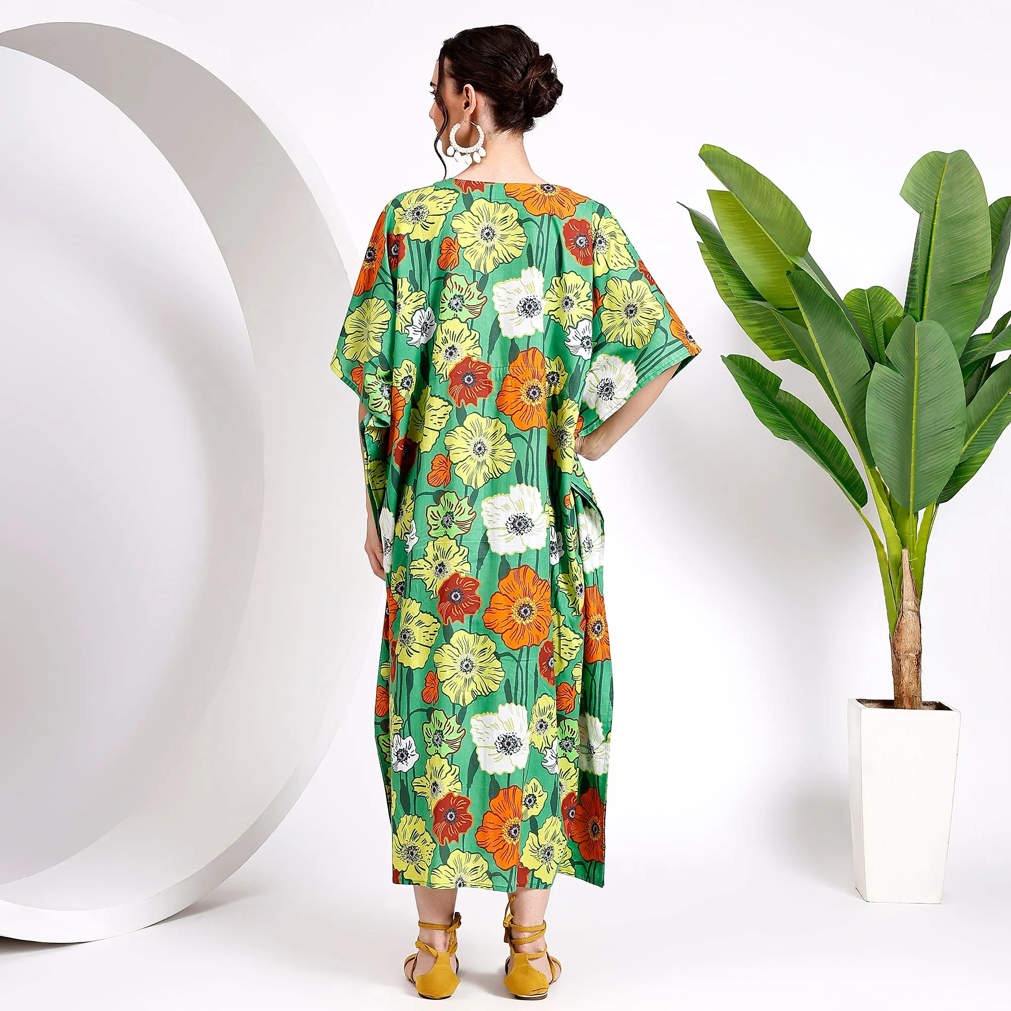 Flowy Floral Green Kaftan – Effortless Style for Women