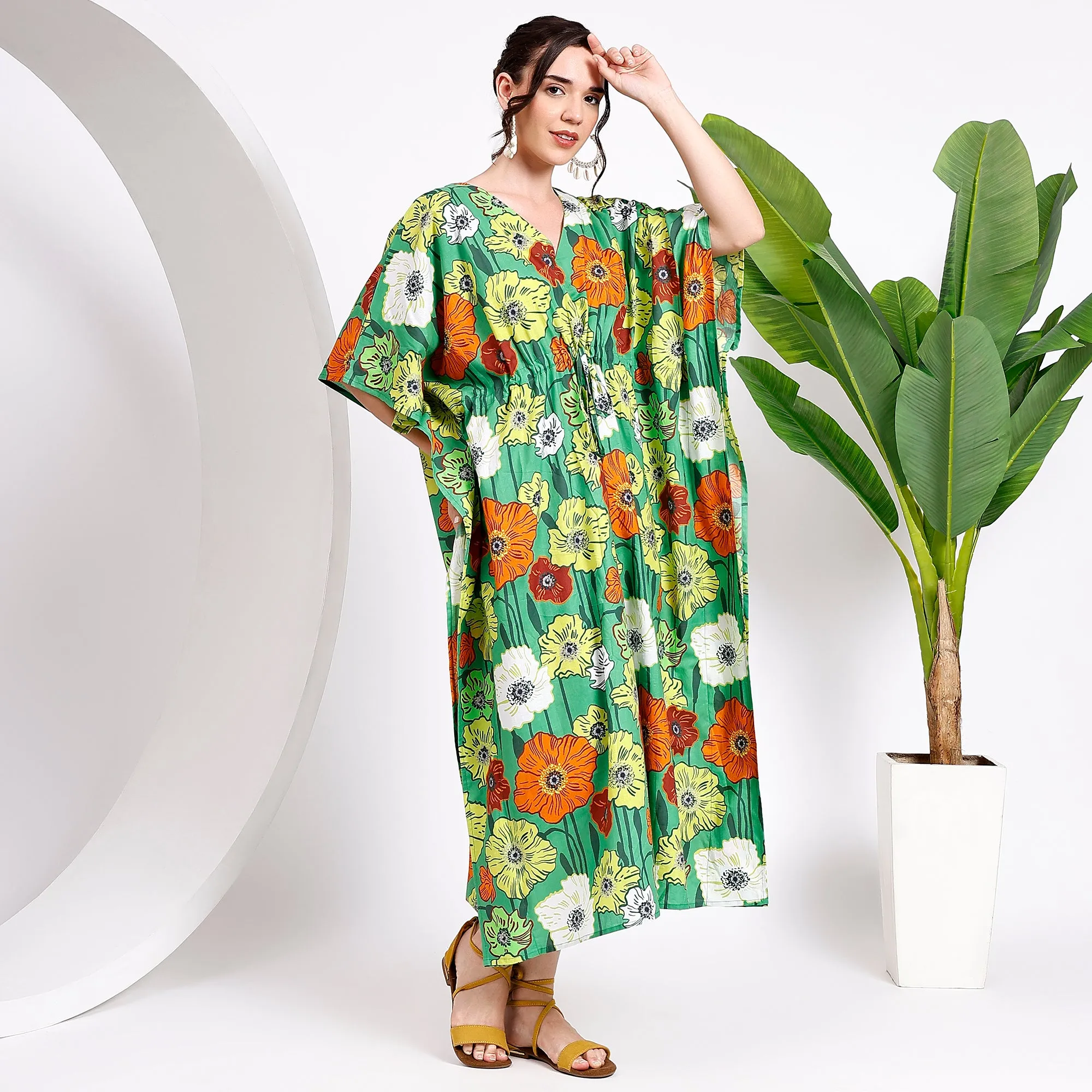 Flowy Floral Green Kaftan – Effortless Style for Women