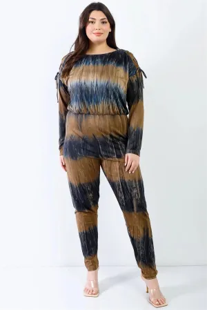 Junior Plus Indigo Brown Tie-Dye Lace Up Shoulder Details Back Wrap Cut-Out Jumpsuit /1-1-1