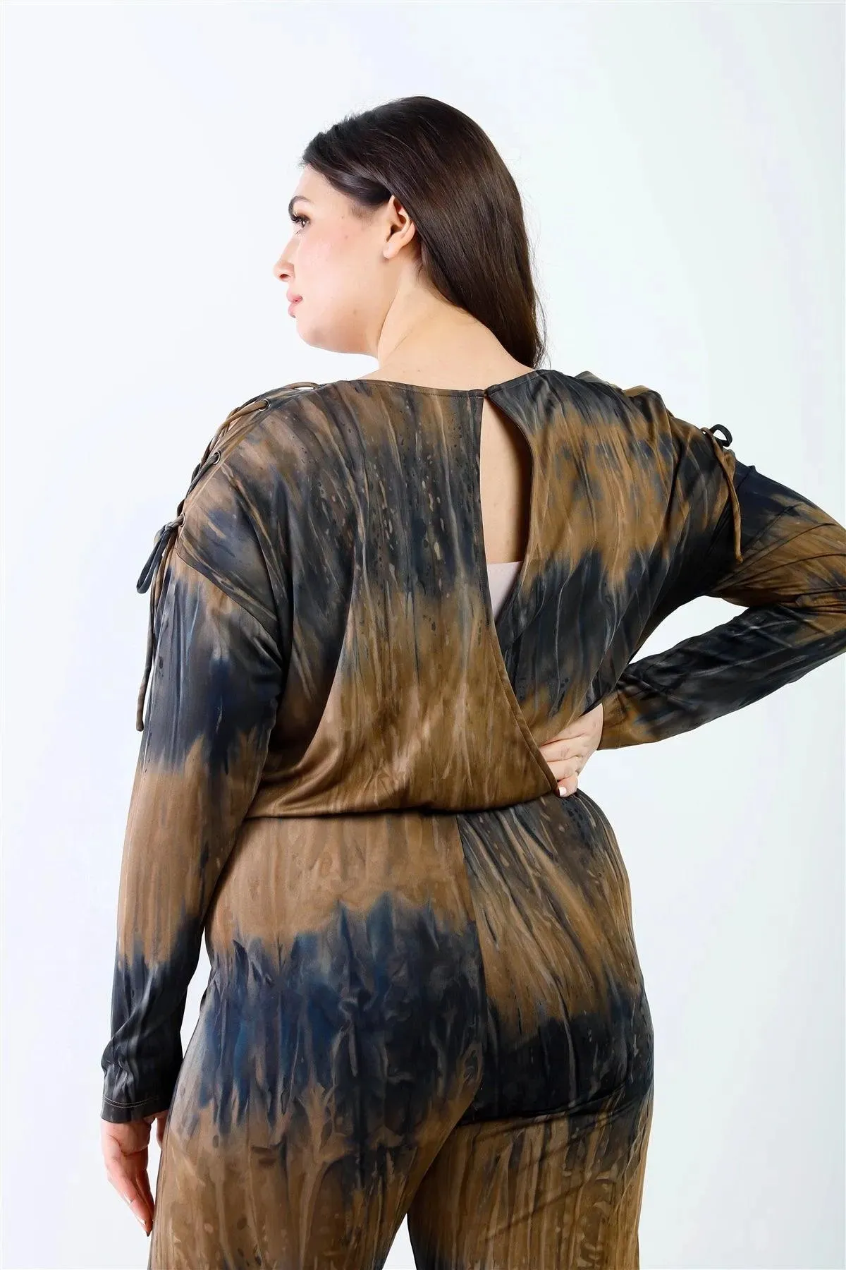 Junior Plus Indigo Brown Tie-Dye Lace Up Shoulder Details Back Wrap Cut-Out Jumpsuit /1-1-1