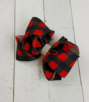 Red Buffalo Plaid Rhinestone Hair Bow