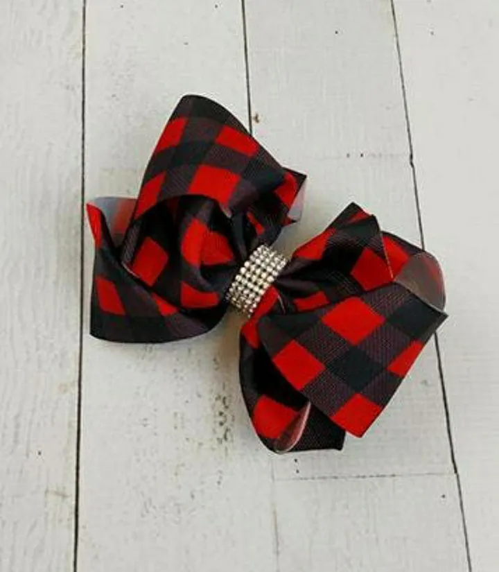 Red Buffalo Plaid Rhinestone Hair Bow
