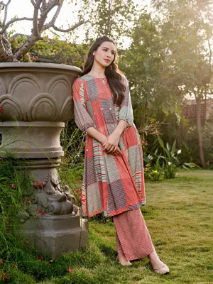 Women Rayon Rust Multi Kurta With Comfort Pant